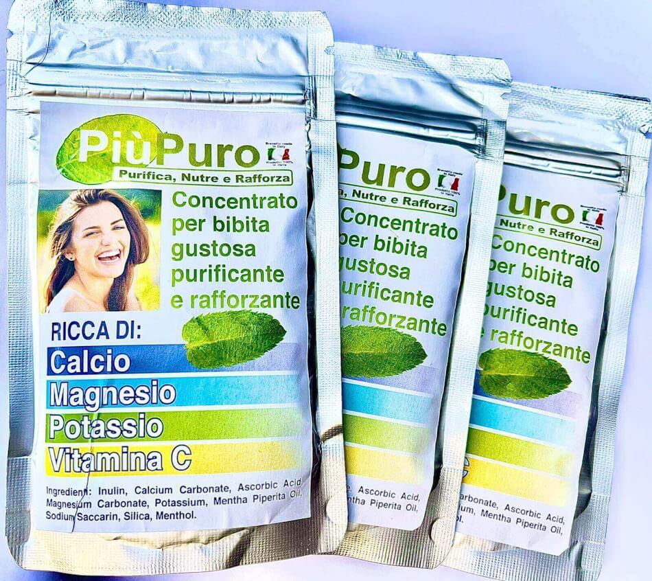 Tre Buste di PiùPuro concentrato per bibita che Purifica, nutre e rafforza tutto il tuo Organismo.