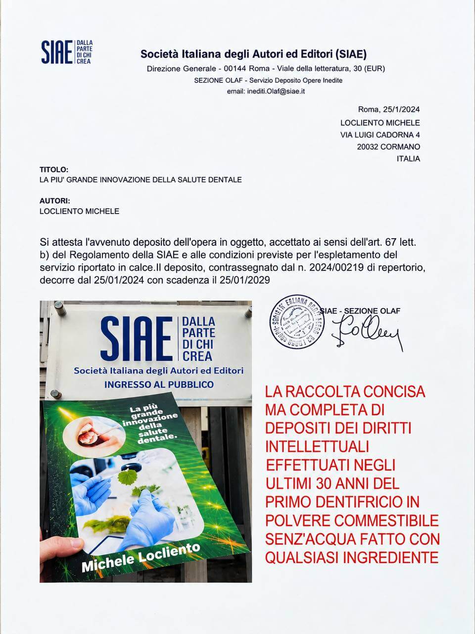 dicharazione della siae su blancodent dentifricio in polvere