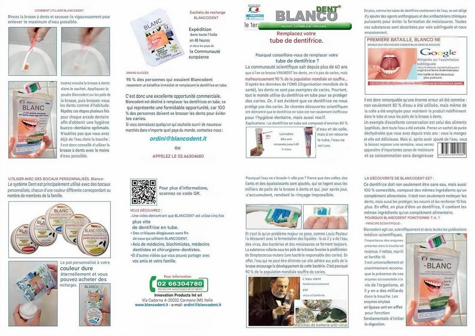 depliant uso blancodent e studio scientifico dentifricio in polvere francese